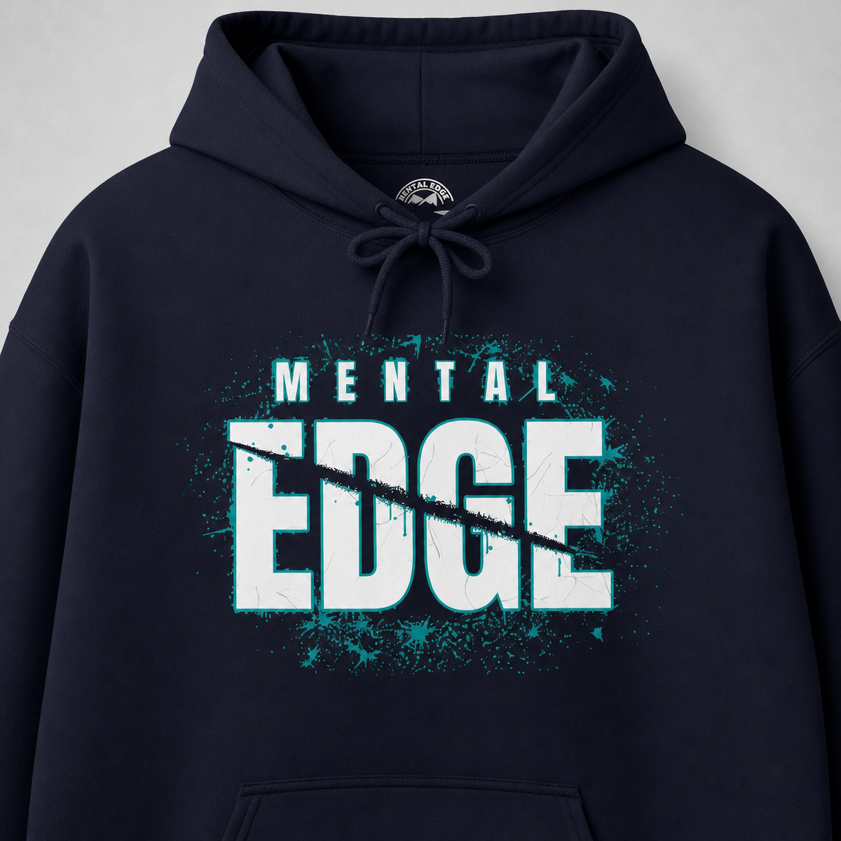 Navy Mental Edge Loud Splatter Hoodie front, cracked MENTAL EDGE with teal splatter