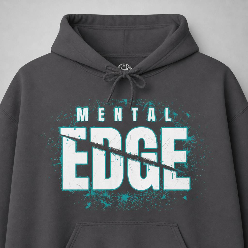 Charcoal Mental Edge Loud Splatter Hoodie front, cracked MENTAL EDGE with teal splatter