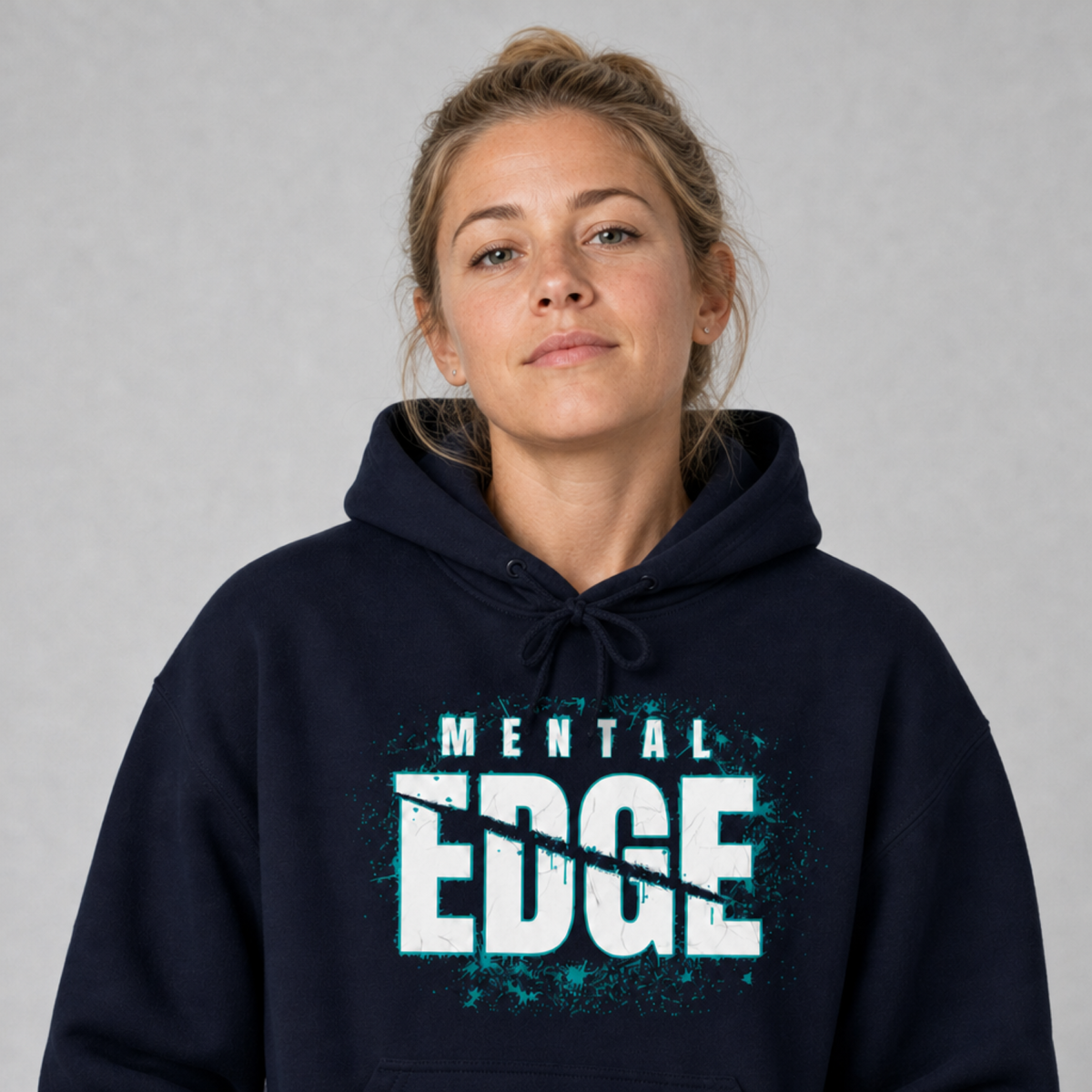 Baseball mom wearing the navy Mental Edge Loud Splatter Hoodie