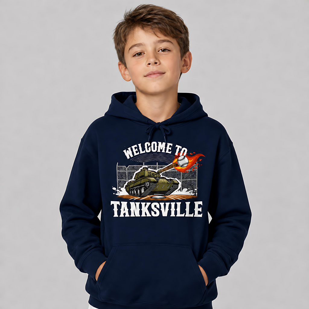 Boy wearing the navy Welcome to Tanksville youth hoodie