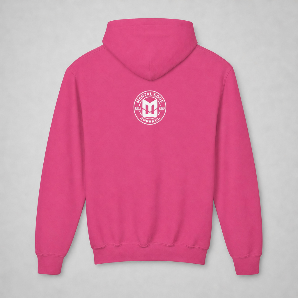 Back of the Heliconia pink Welcome to Tanksville youth hoodie with the Mental Edge logo