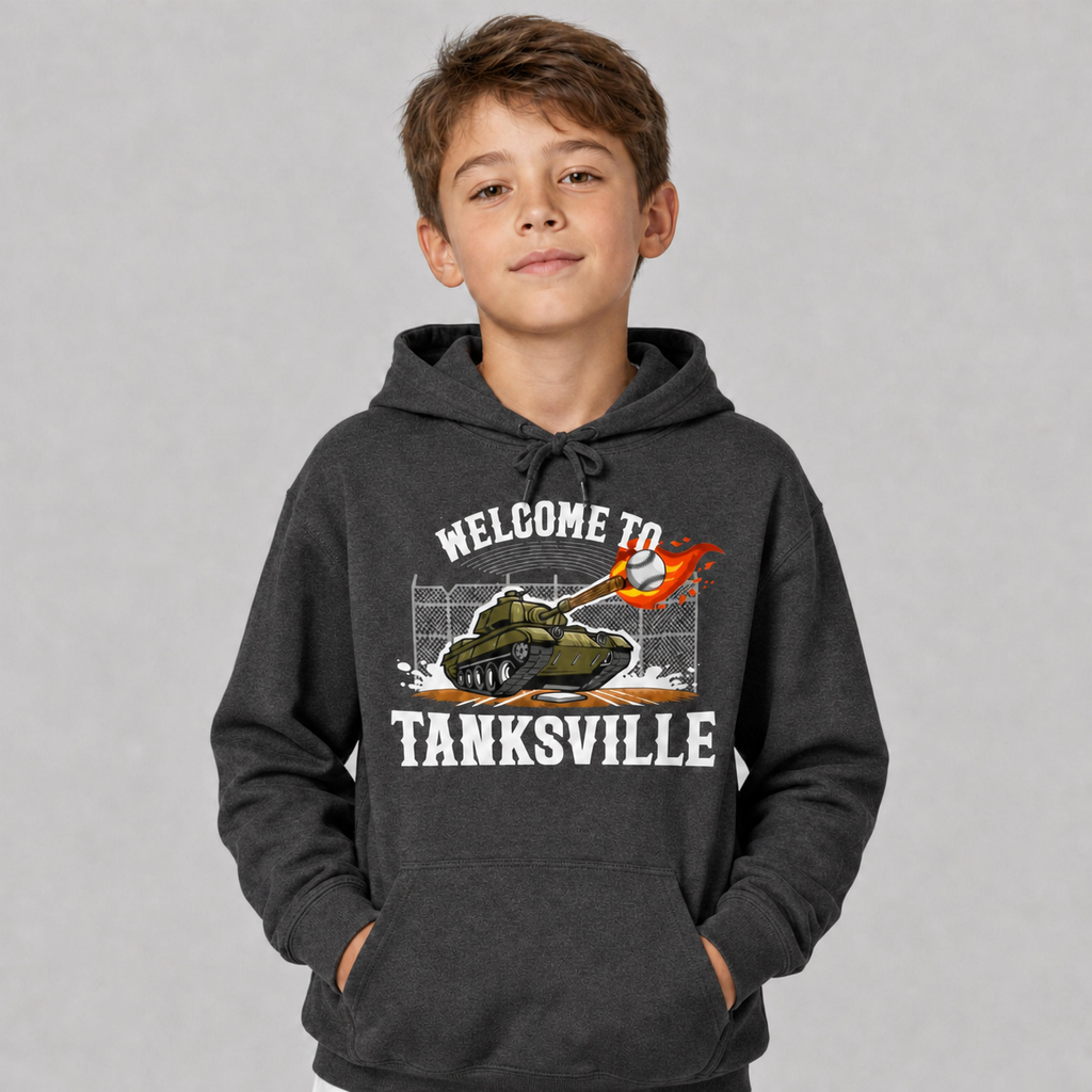 Boy wearing the dark heather Welcome to Tanksville youth hoodie