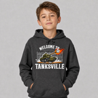 Boy wearing the dark heather Welcome to Tanksville youth hoodie
