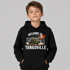 Boy wearing the black Welcome to Tanksville youth hoodie with a tank and flaming baseball