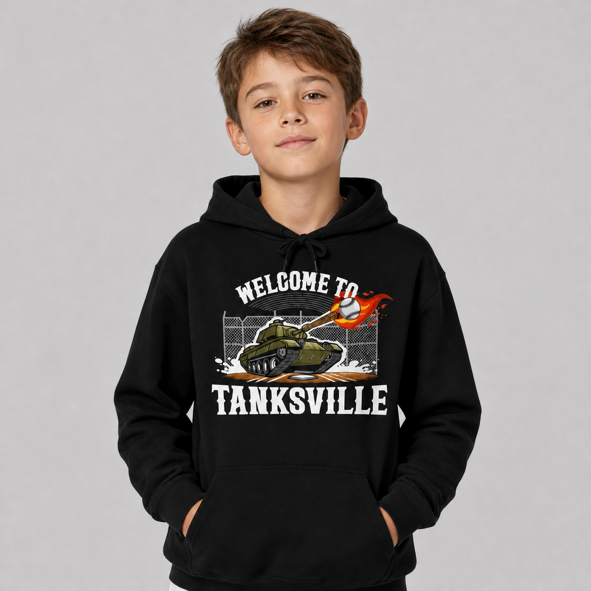 Boy wearing the black Welcome to Tanksville youth hoodie with a tank and flaming baseball