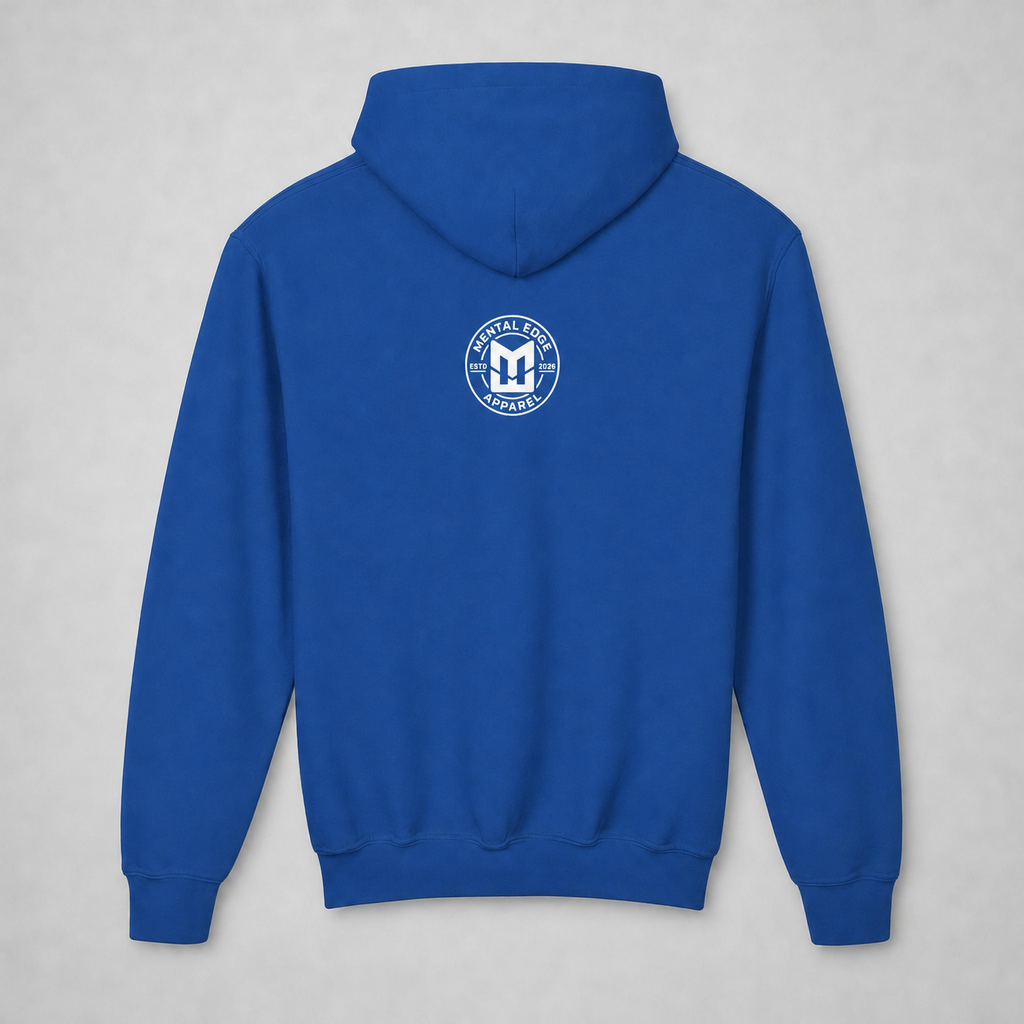 Back of the royal blue Welcome to Tanksville youth hoodie with the Mental Edge logo