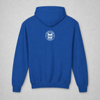 Back of the royal blue Welcome to Tanksville youth hoodie with the Mental Edge logo