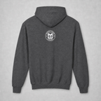 Back of the dark heather Welcome to Tanksville youth hoodie with the Mental Edge logo