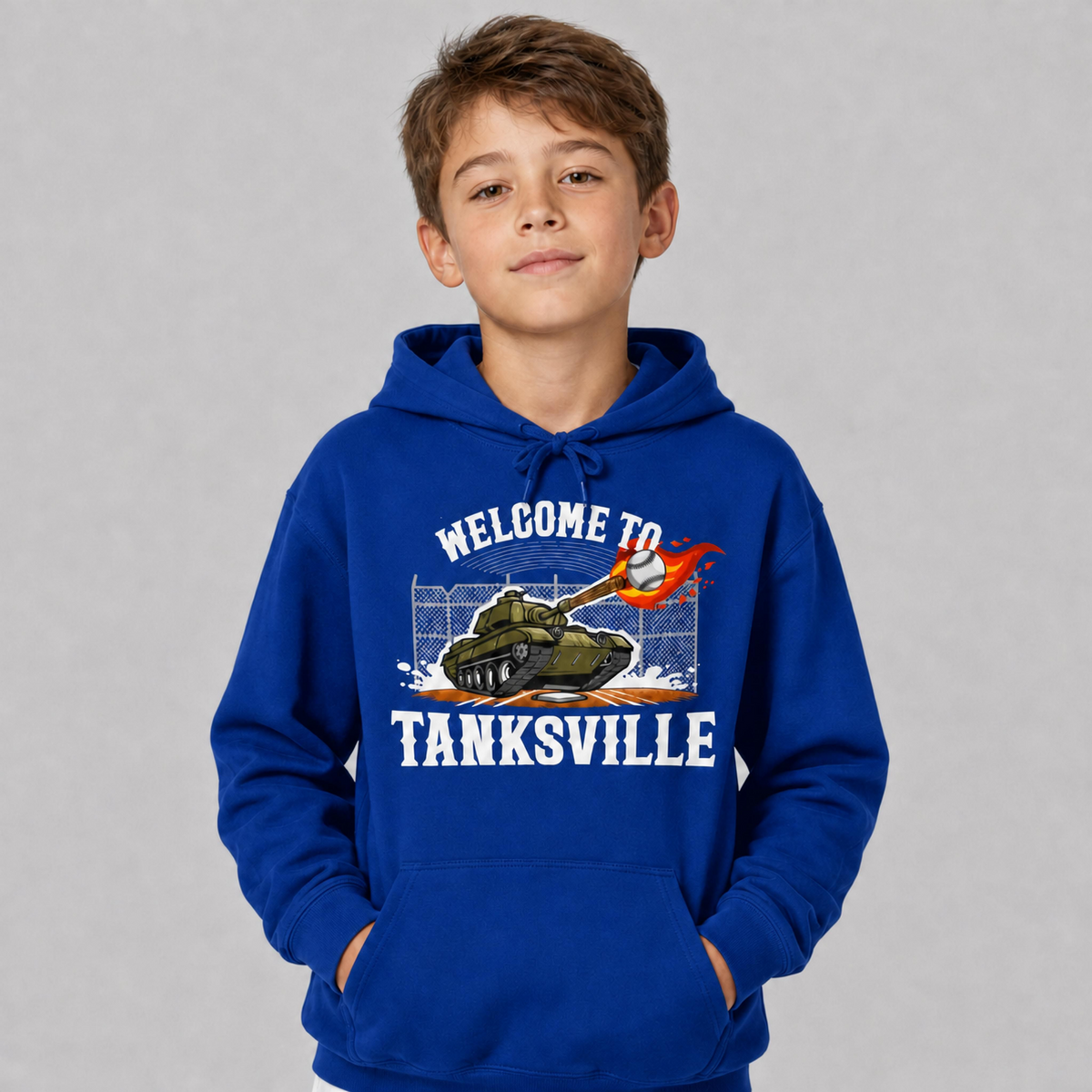 Boy wearing the royal blue Welcome to Tanksville youth hoodie
