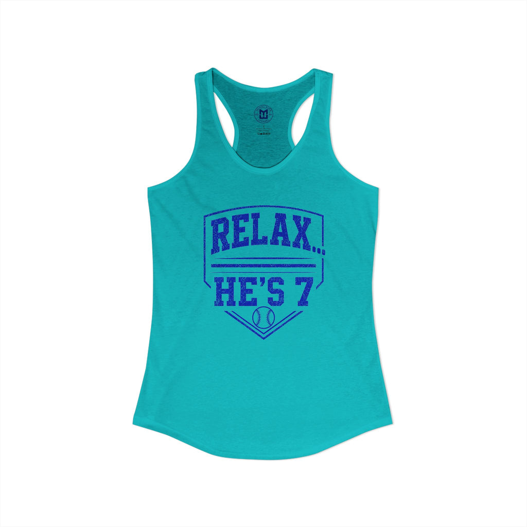 Relax He's 7 Baseball Mom Racerback Tank - Blue