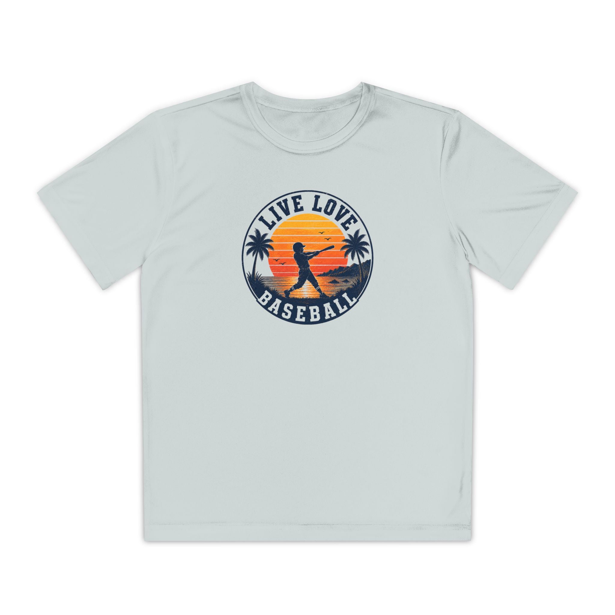 Live Love Baseball Youth Dri Fit Tee — Sunset Palm Baseball Player Shirt