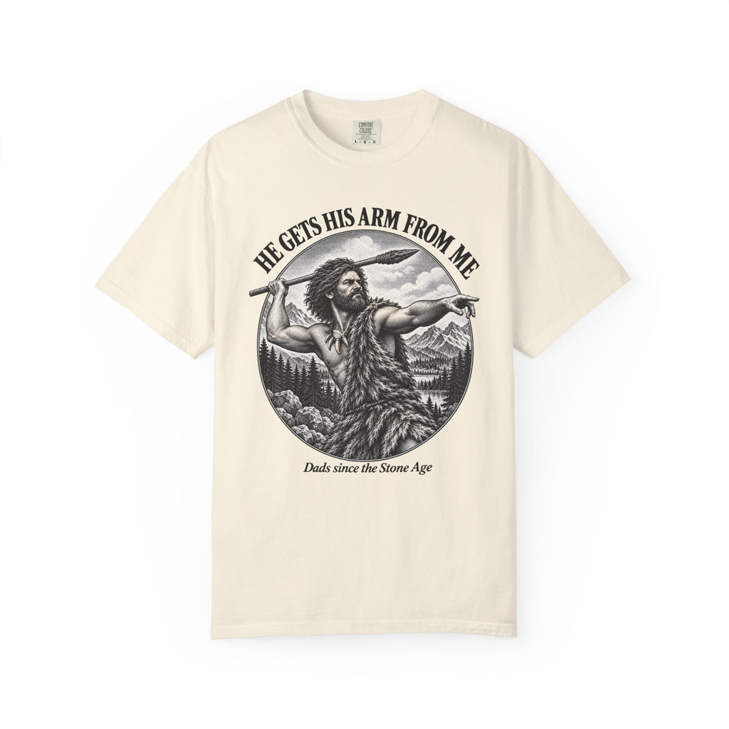 He Gets His Arm From Me Caveman Adult T-Shirt