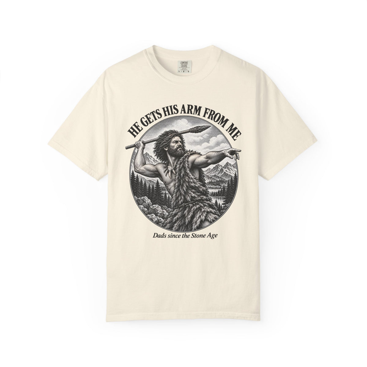 He Gets His Arm From Me Caveman Adult T-Shirt