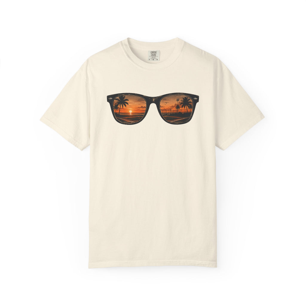 Sunset Sunglasses Baseball T-Shirt — Tropical Beach Reflection Tee