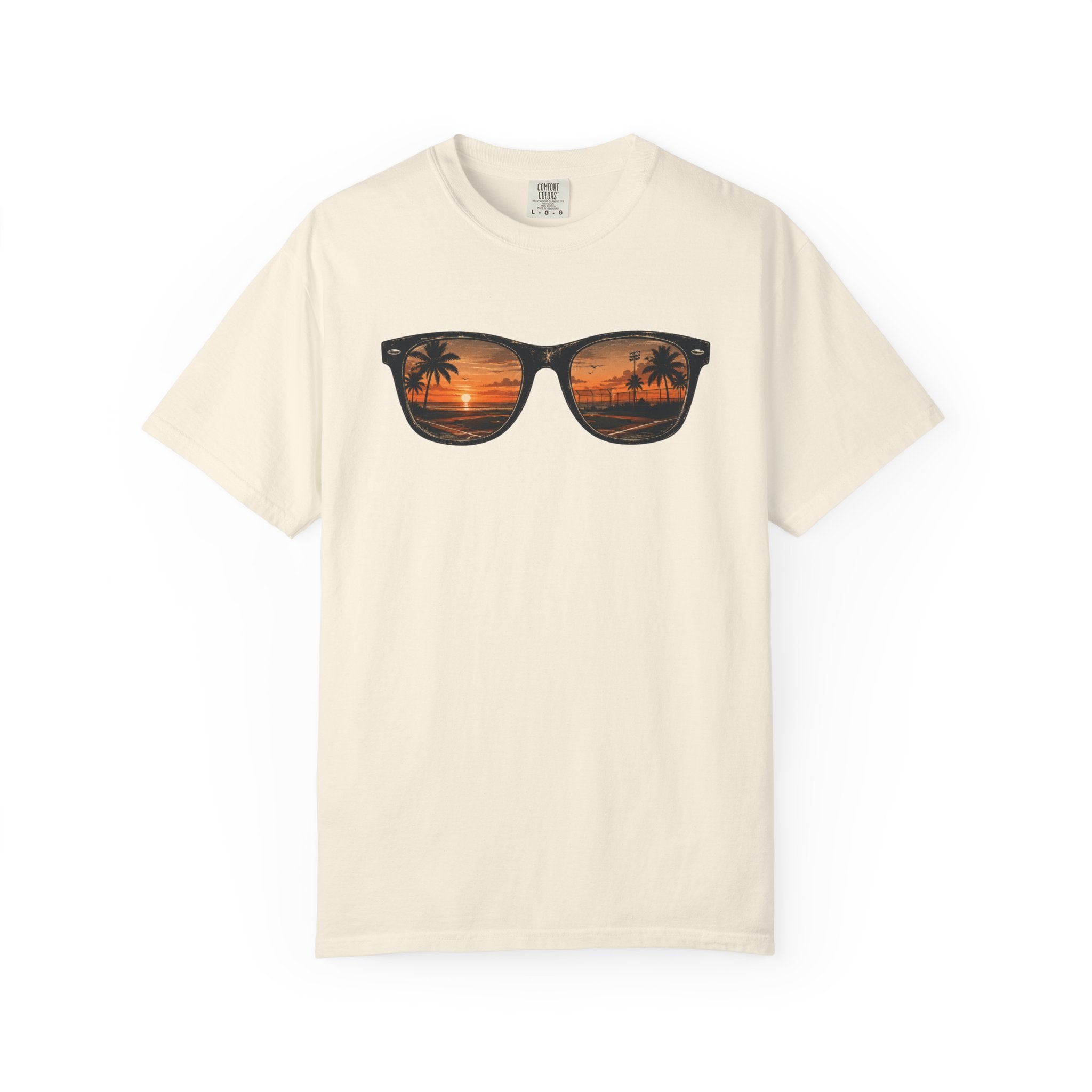 Sunset Sunglasses Baseball T-Shirt — Tropical Beach Reflection Tee