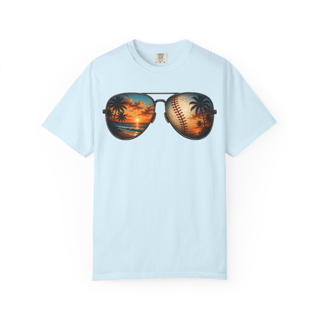Sunglass Sunset Baseball T-Shirt — Beach & Sports Graphic Tee
