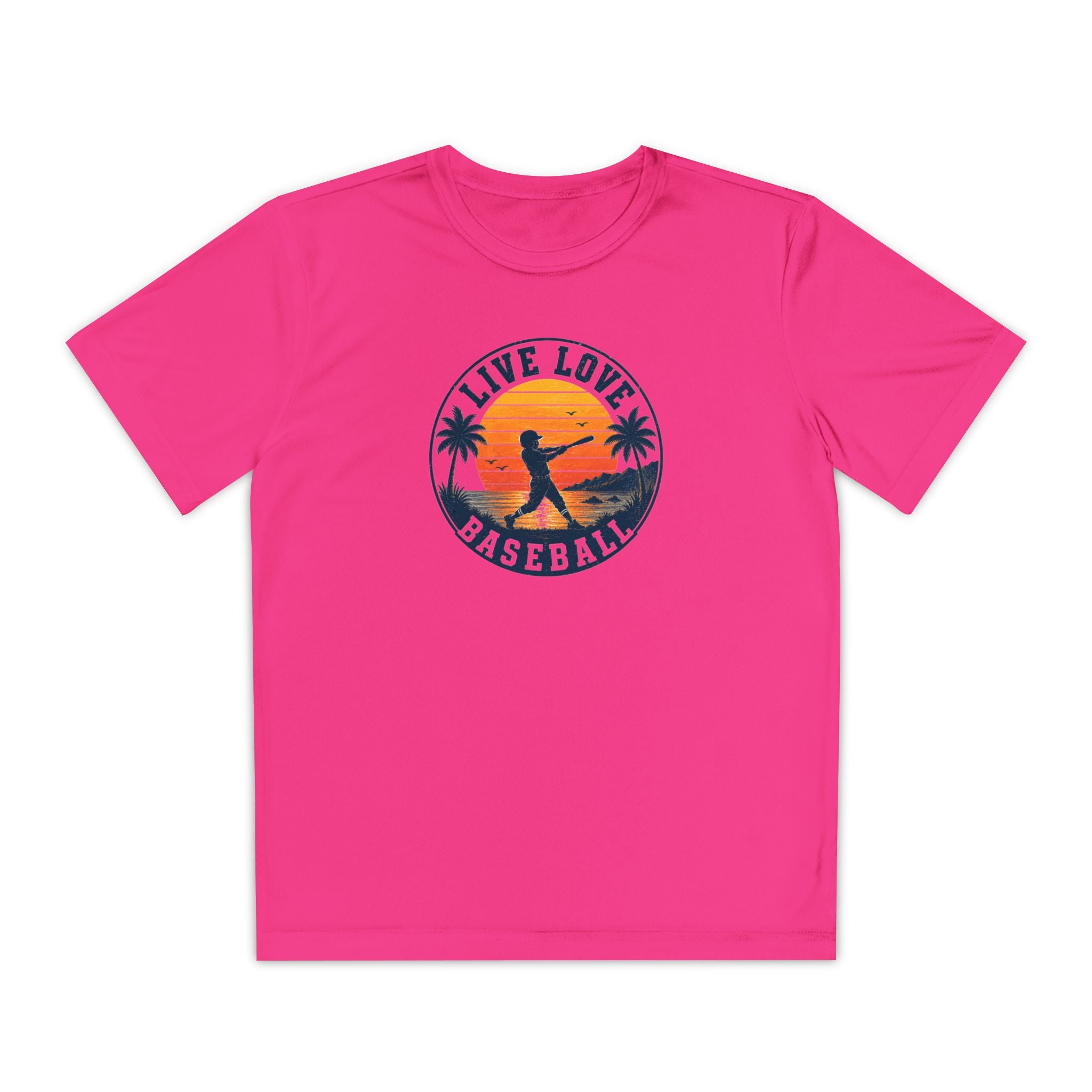 Live Love Baseball Youth Dri Fit Tee — Sunset Palm Baseball Player Shirt