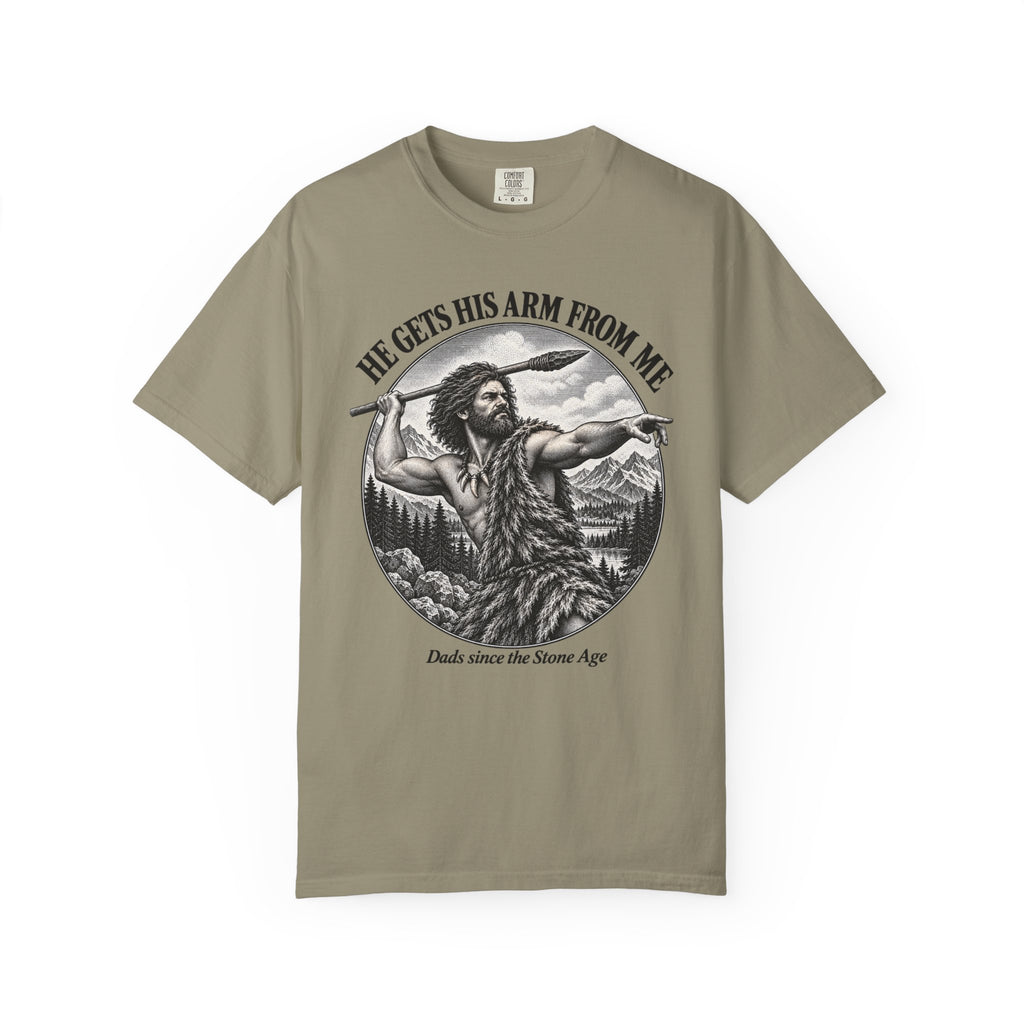 He Gets His Arm From Me Caveman Adult T-Shirt
