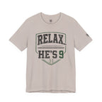 Relax He’s 9 Baseball Parent Tee — Hunter Green