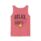 "Relax... She's 7" Softball Tank Top — Graphic Tank