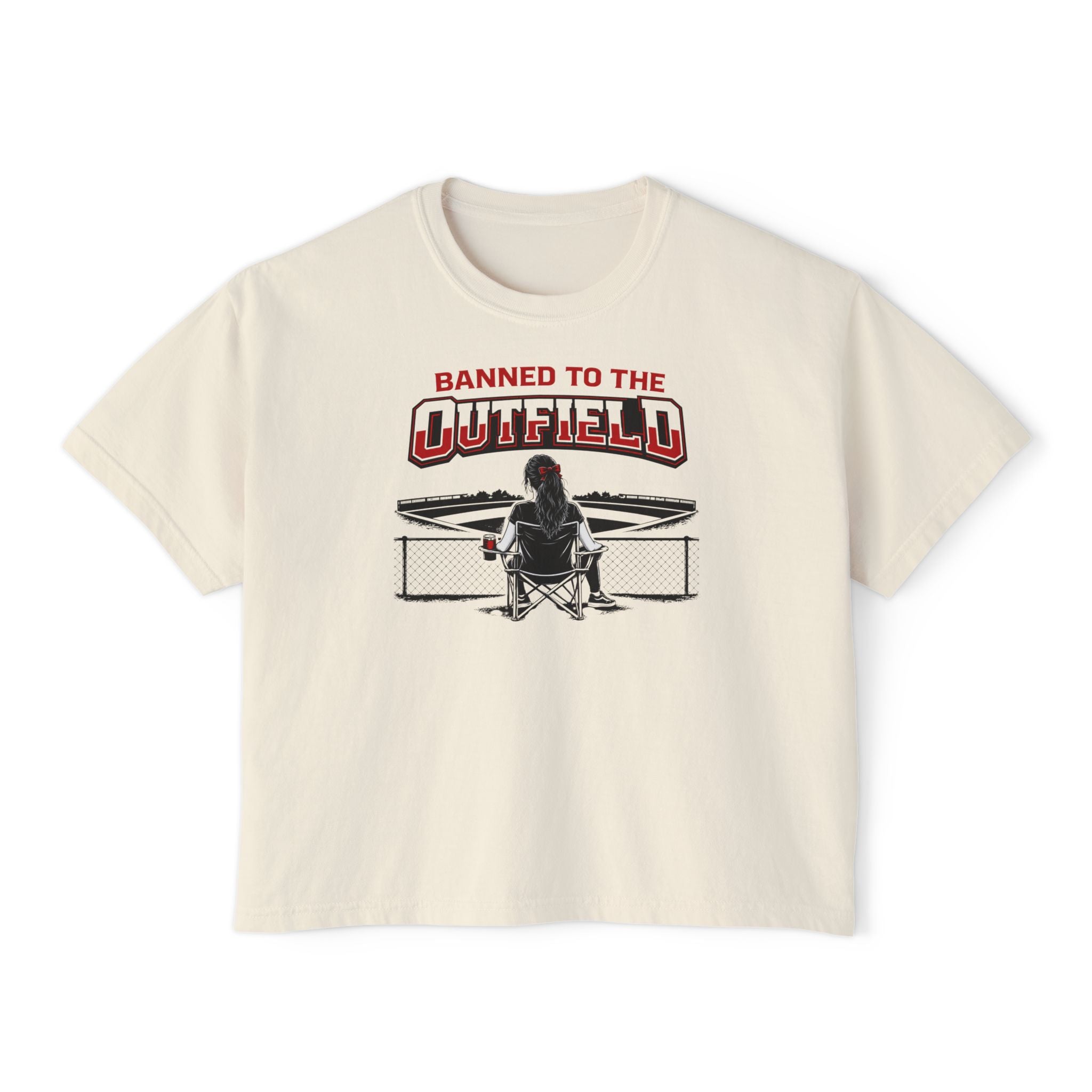 Banned to the Outfield Women's Boxy Tee – Baseball Mom/Fan Graphic Shirt