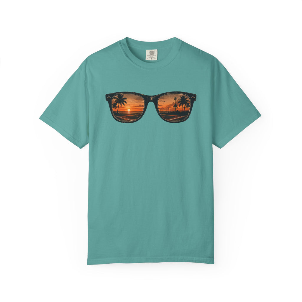 Sunset Sunglasses Baseball T-Shirt — Tropical Beach Reflection Tee