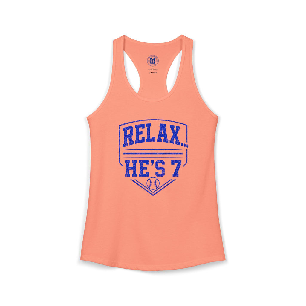Relax He's 7 Baseball Mom Racerback Tank - Blue