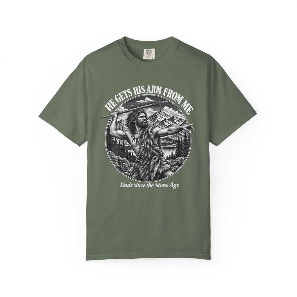 He Gets His Arm From Me Caveman Adult T-Shirt