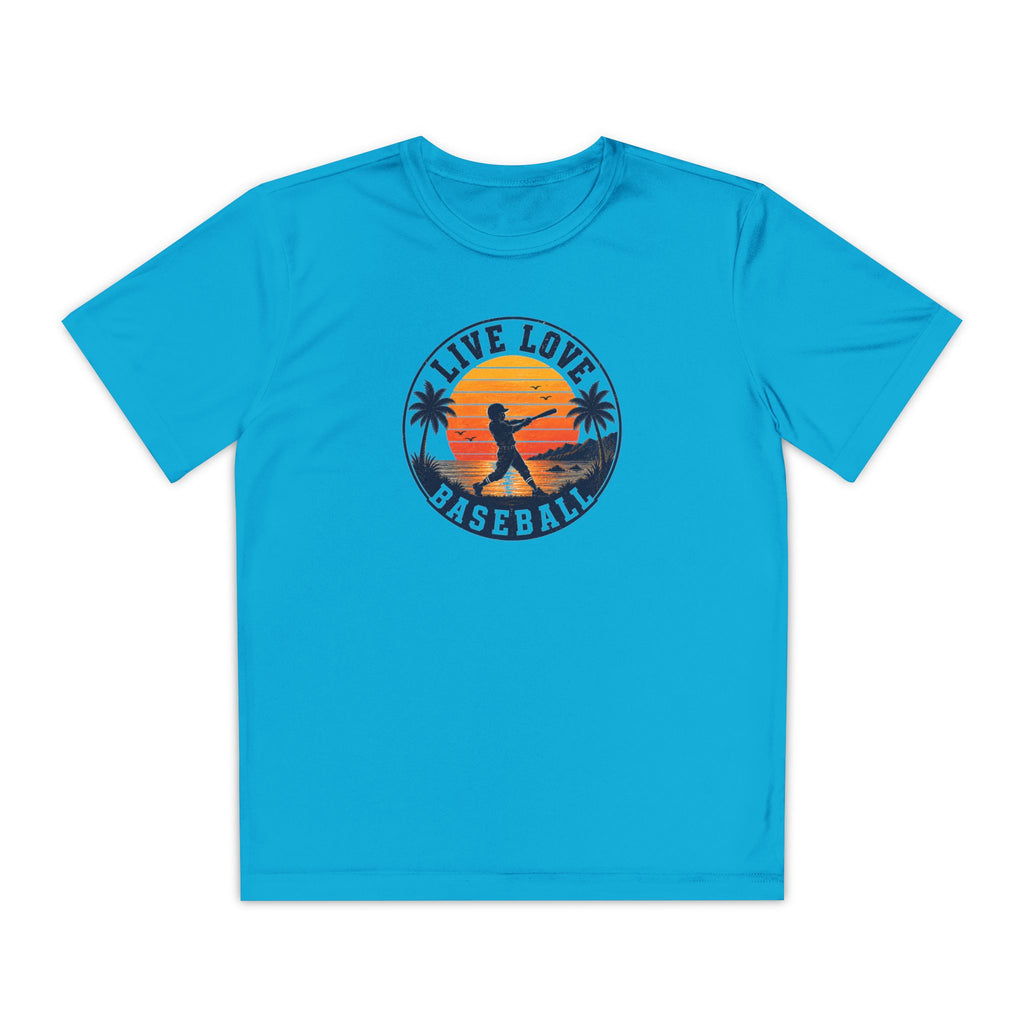 Live Love Baseball Youth Dri Fit Tee — Sunset Palm Baseball Player Shirt