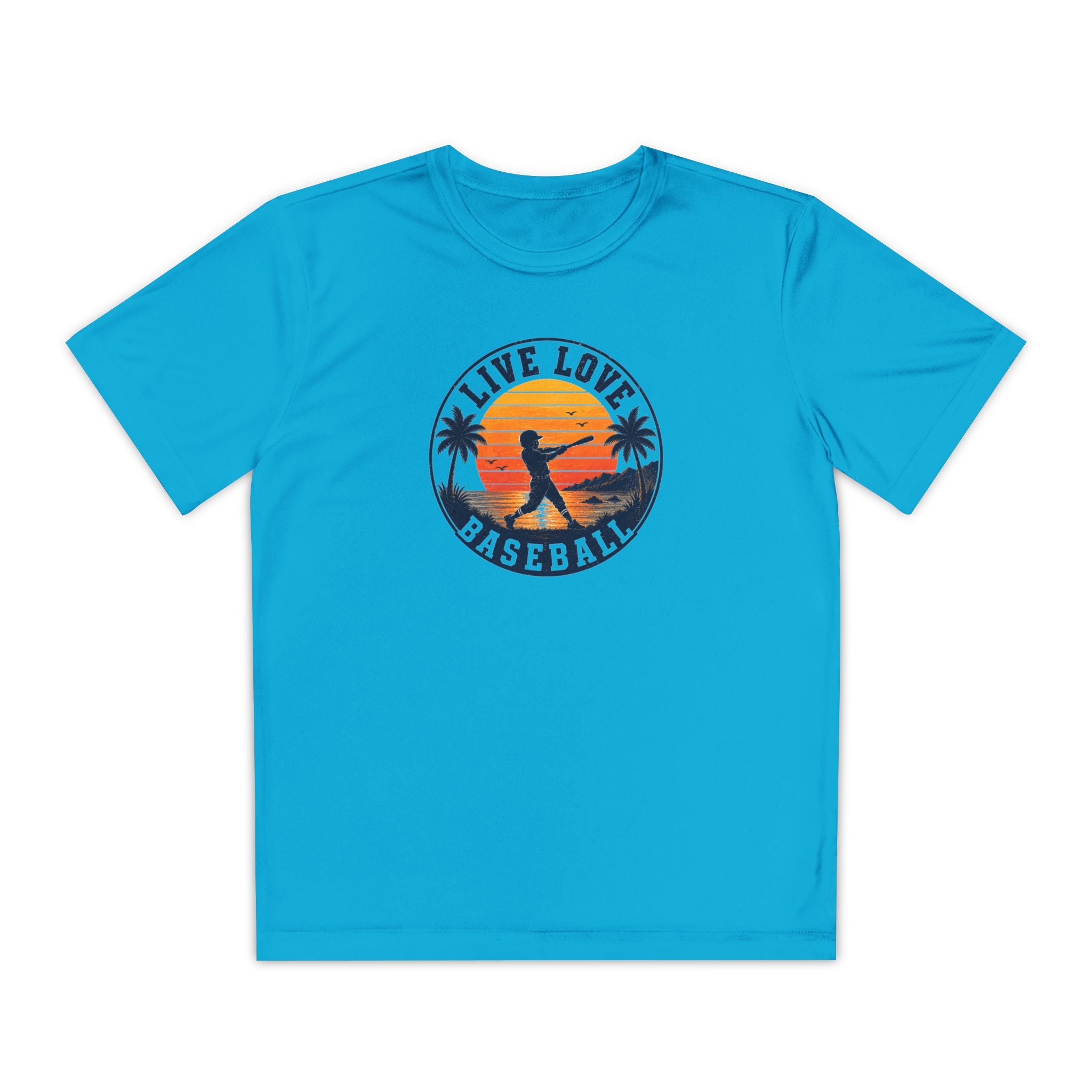 Live Love Baseball Youth Dri Fit Tee — Sunset Palm Baseball Player Shirt