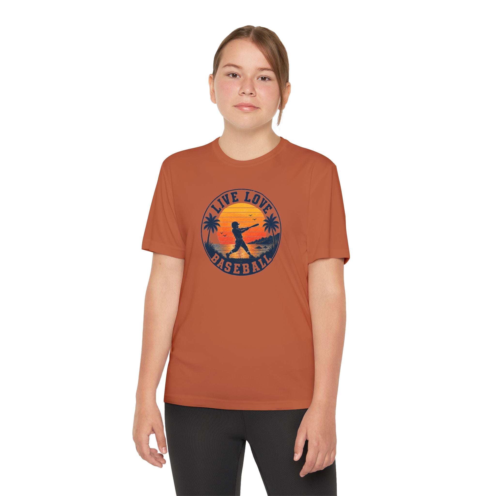 Live Love Baseball Youth Dri Fit Tee — Sunset Palm Baseball Player Shirt