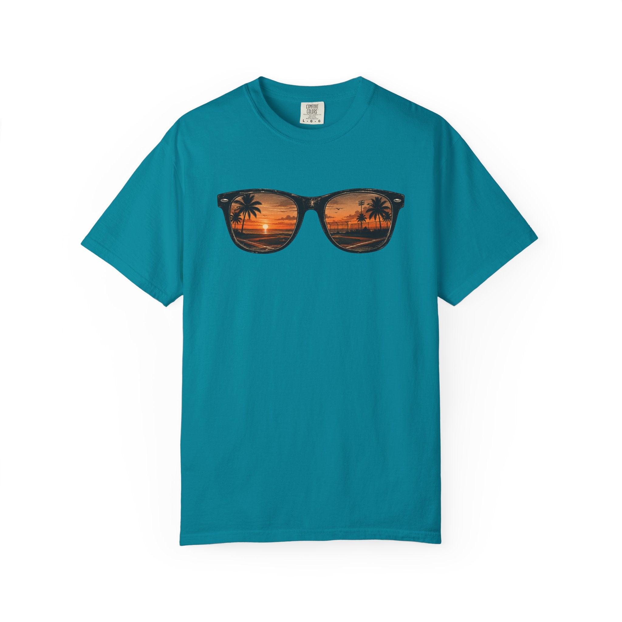 Sunset Sunglasses Baseball T-Shirt — Tropical Beach Reflection Tee