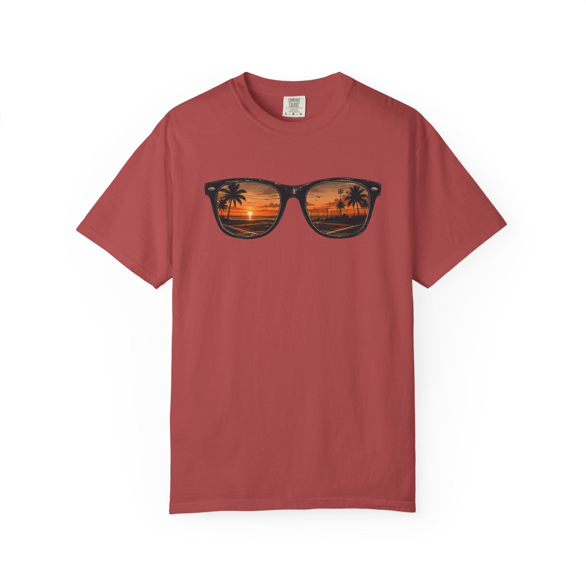 Sunset Sunglasses Baseball T-Shirt — Tropical Beach Reflection Tee