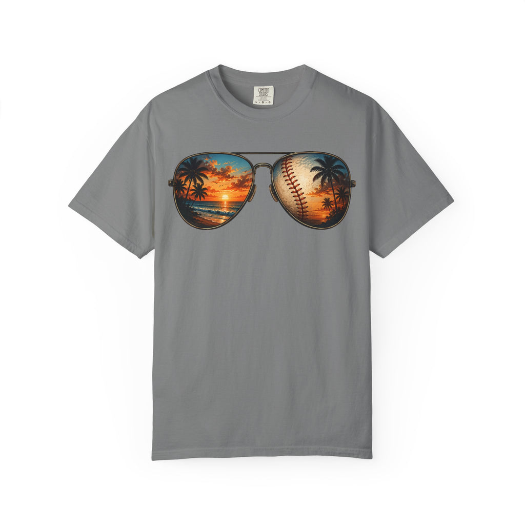 Sunglass Sunset Baseball T-Shirt — Beach & Sports Graphic Tee