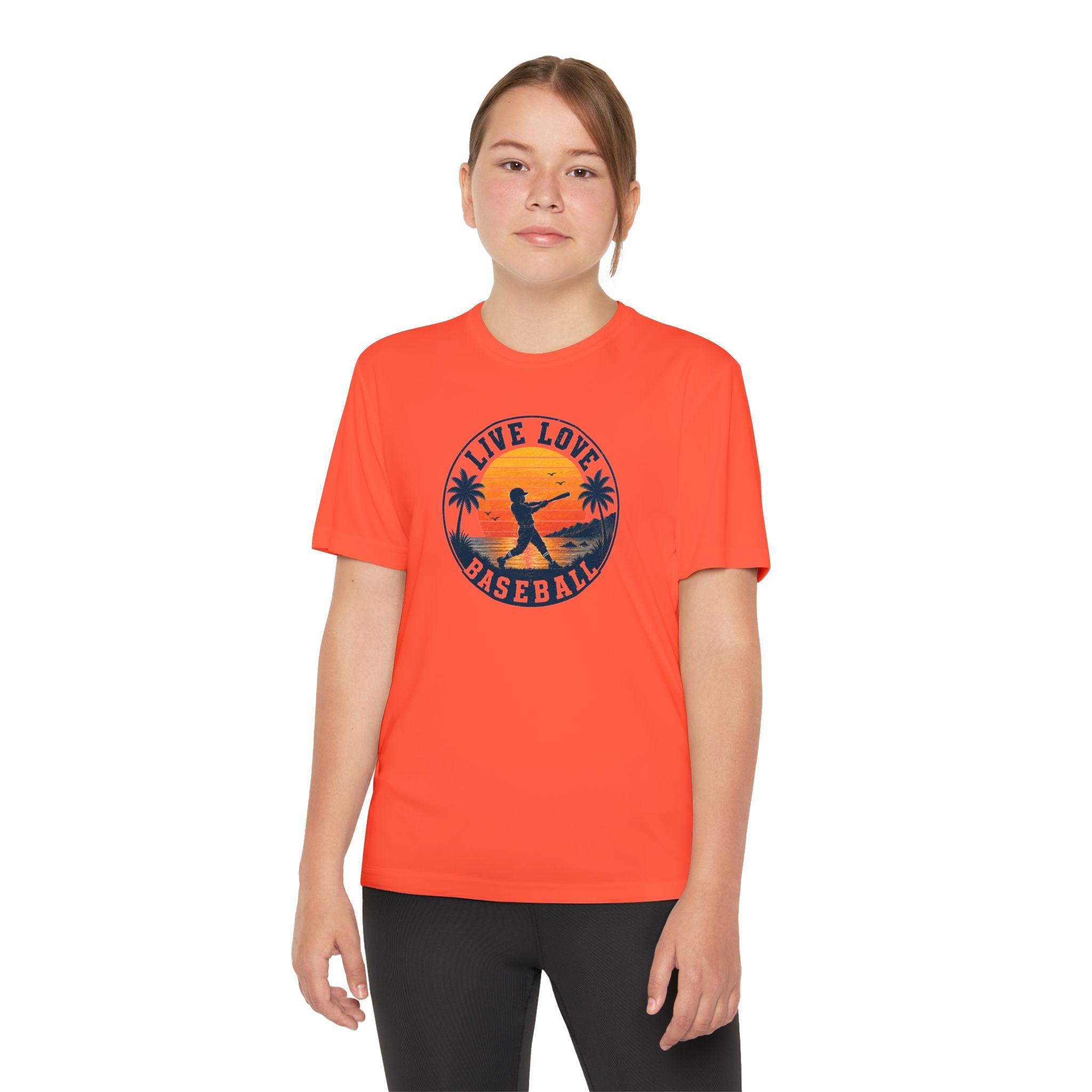 Live Love Baseball Youth Dri Fit Tee — Sunset Palm Baseball Player Shirt