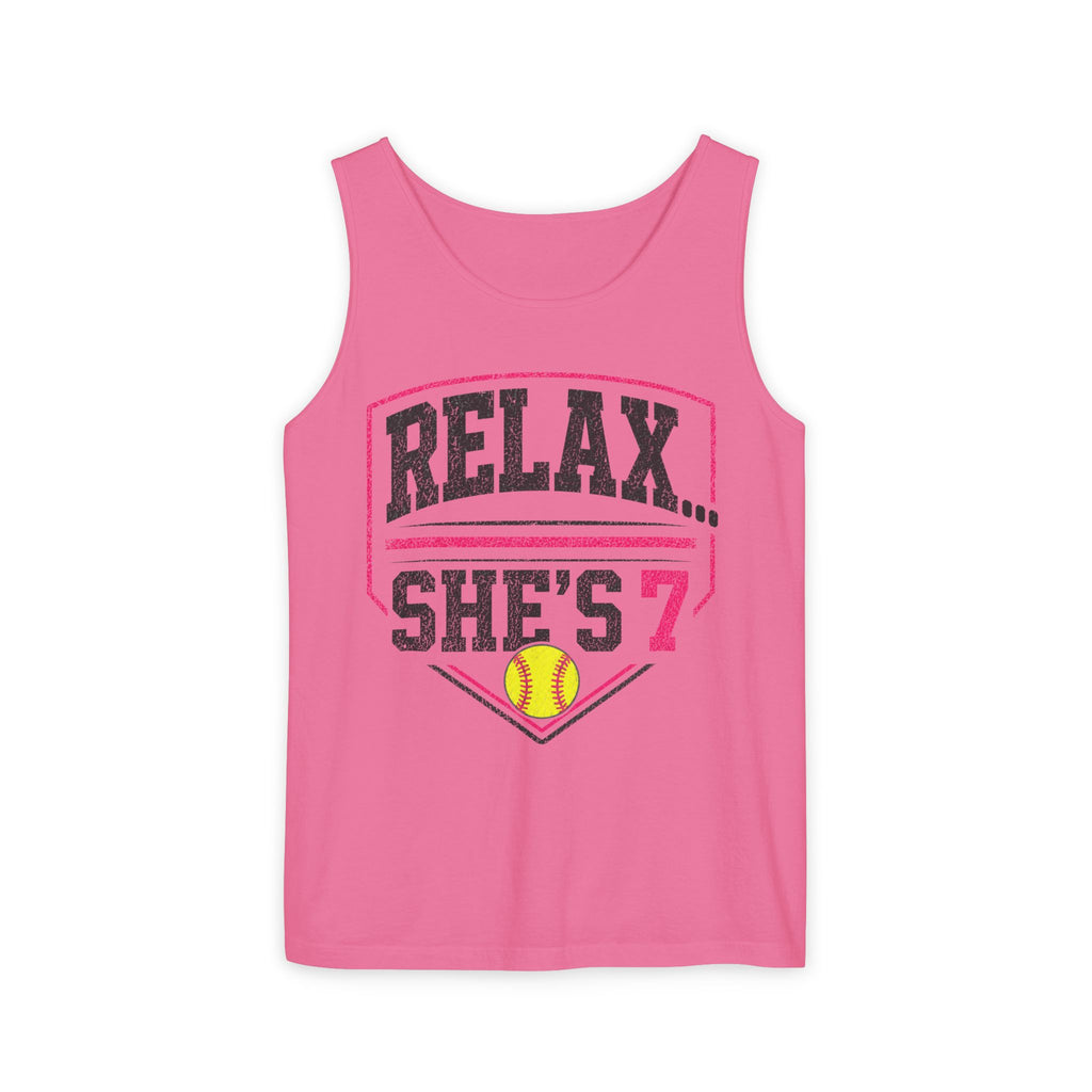 "Relax... She's 7" Softball Tank Top — Graphic Tank