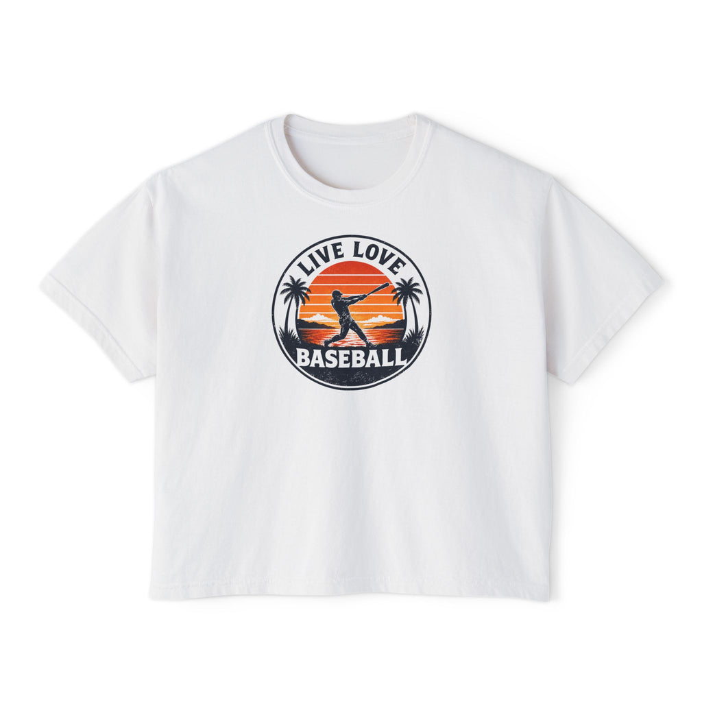Live Love Baseball Women's Boxy Tee – Retro Sunset Palm Baseball Shirt
