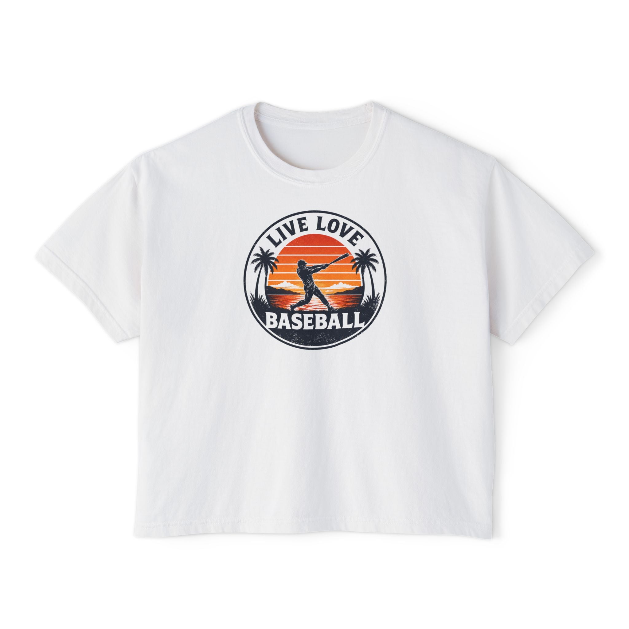 Live Love Baseball Women's Boxy Tee – Retro Sunset Palm Baseball Shirt