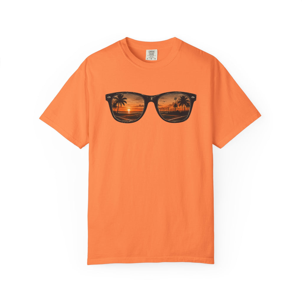 Sunset Sunglasses Baseball T-Shirt — Tropical Beach Reflection Tee