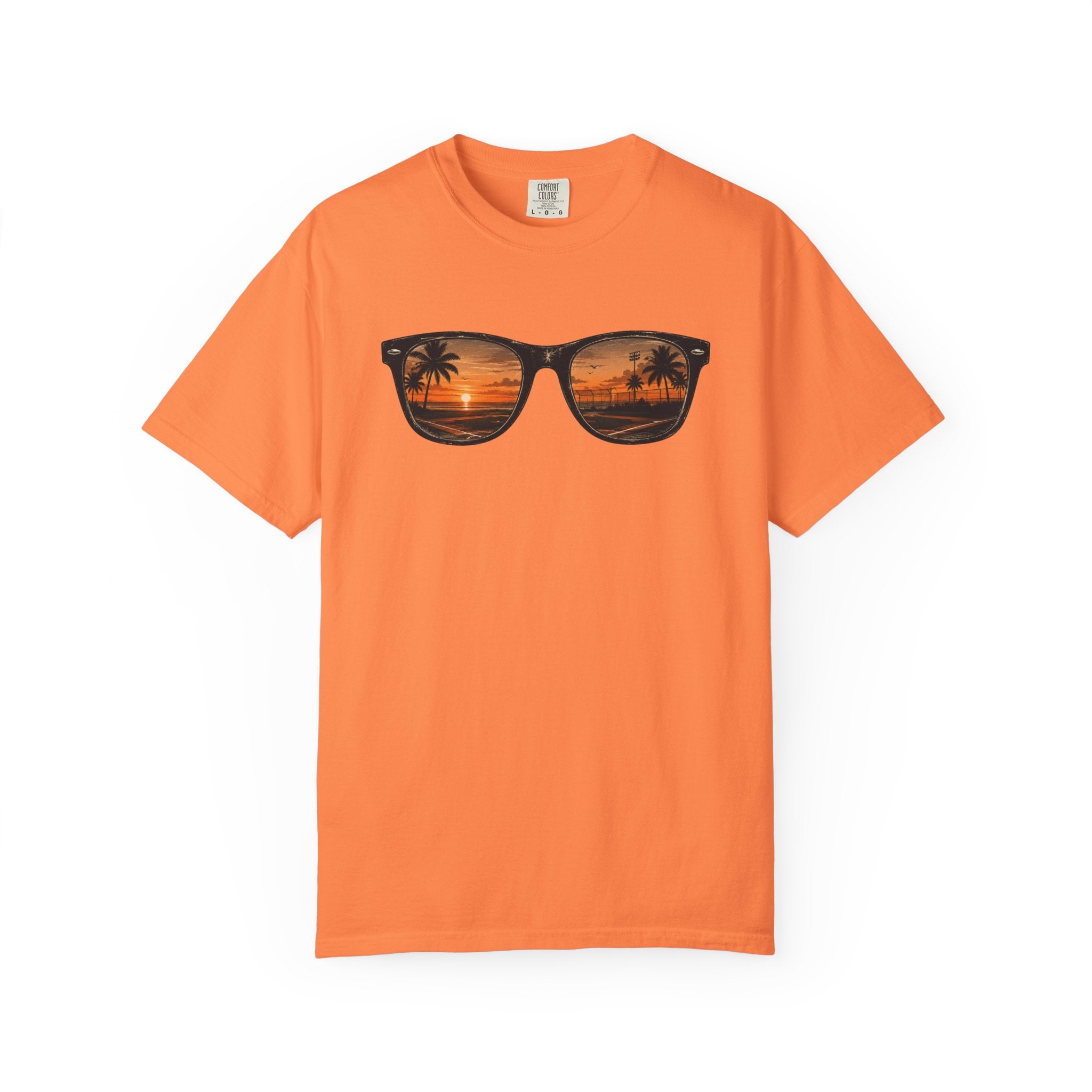 Sunset Sunglasses Baseball T-Shirt — Tropical Beach Reflection Tee