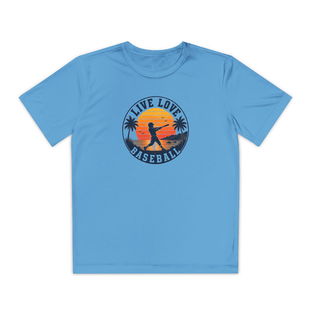 Live Love Baseball Youth Dri Fit Tee — Sunset Palm Baseball Player Shirt
