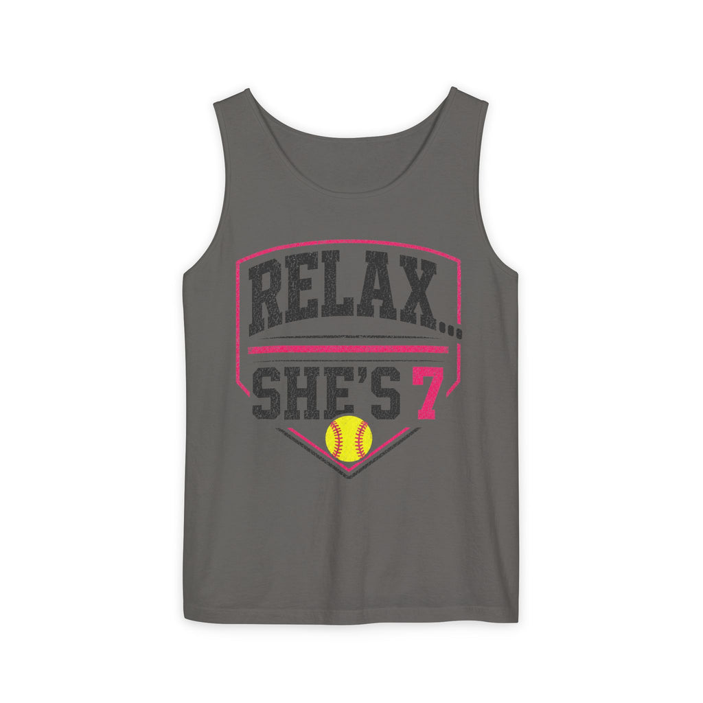 "Relax... She's 7" Softball Tank Top — Graphic Tank