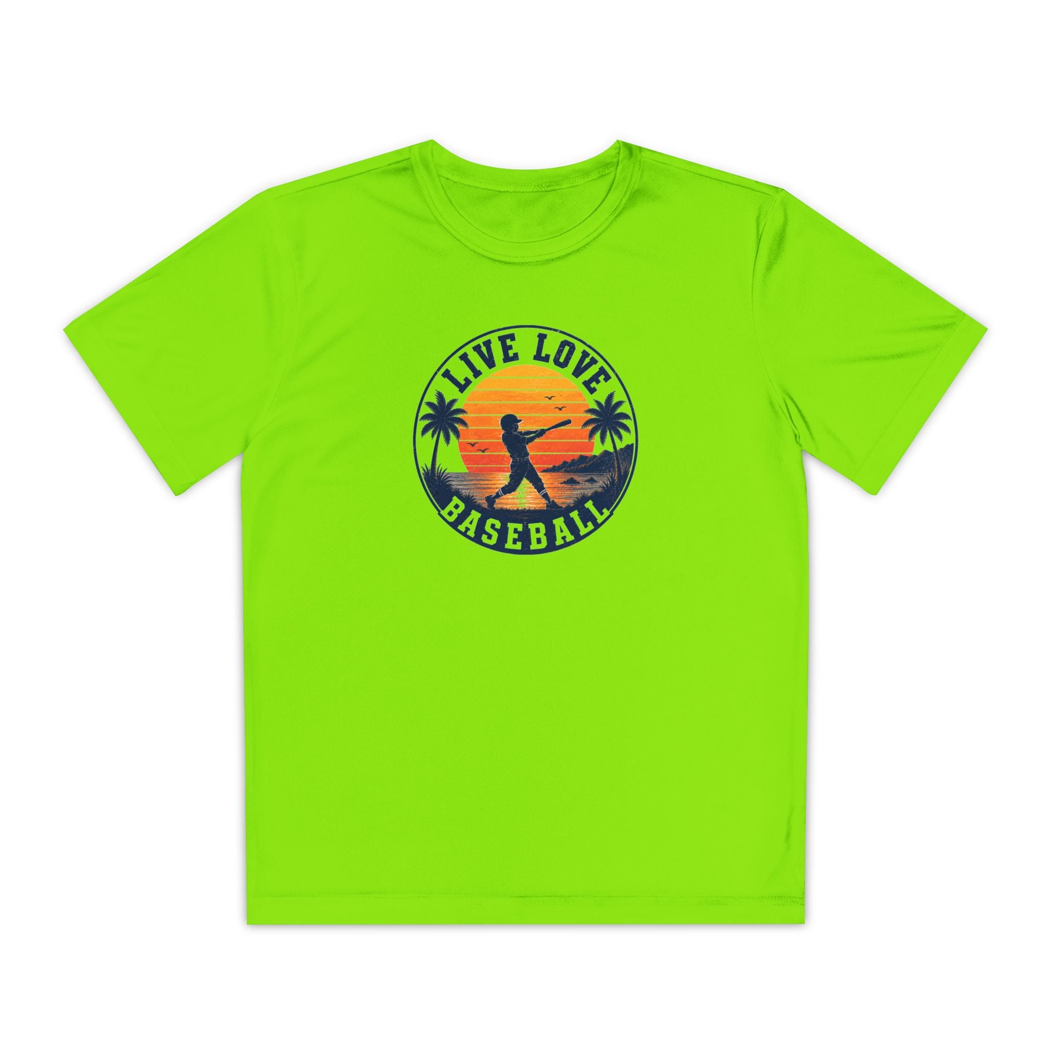 Live Love Baseball Youth Dri Fit Tee — Sunset Palm Baseball Player Shirt