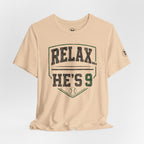 Relax He’s 9 Baseball Parent Tee — Hunter Green
