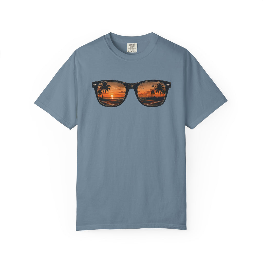 Sunset Sunglasses Baseball T-Shirt — Tropical Beach Reflection Tee