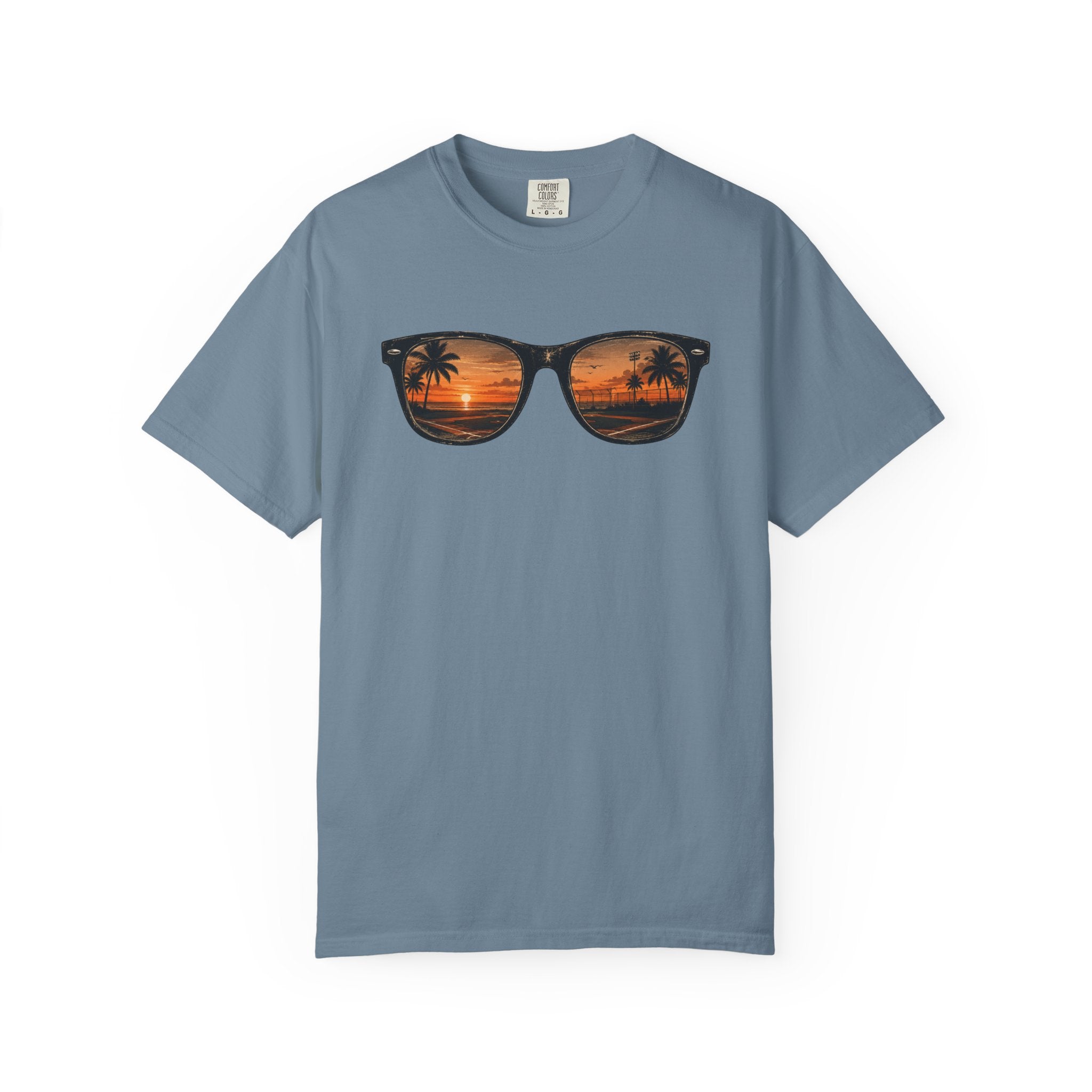 Sunset Sunglasses Baseball T-Shirt — Tropical Beach Reflection Tee