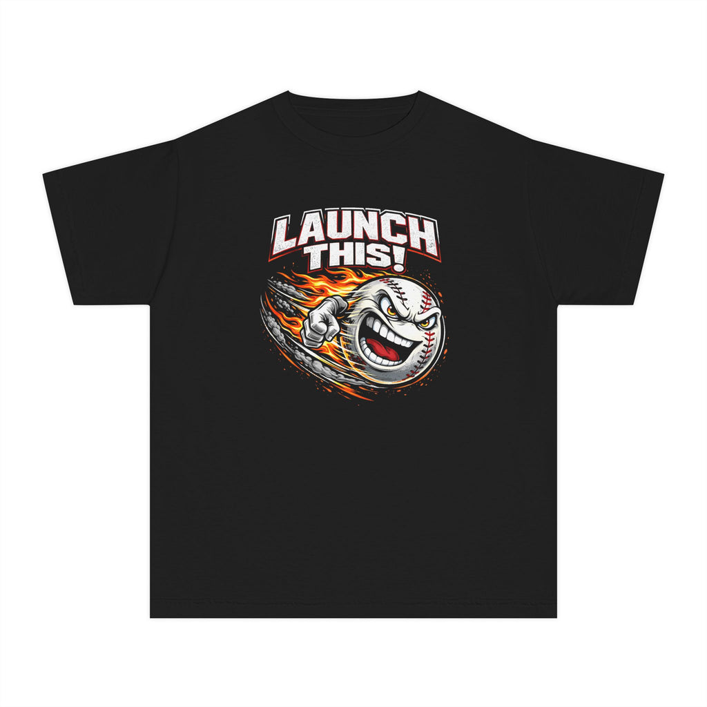 Youth Tee — 'Launch This!' Flaming Baseball Graphic Comfort Colors