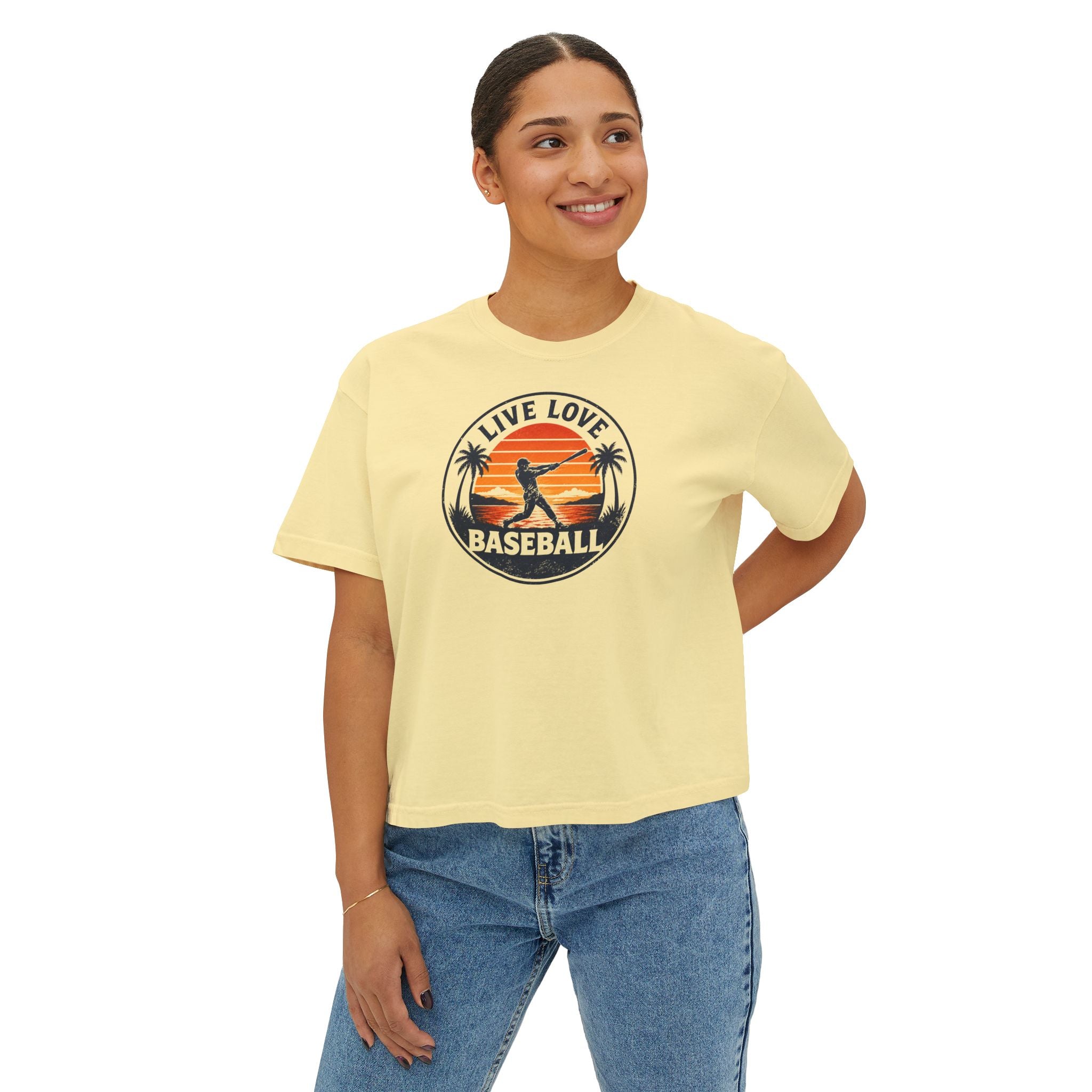 Live Love Baseball Women's Boxy Tee – Retro Sunset Palm Baseball Shirt