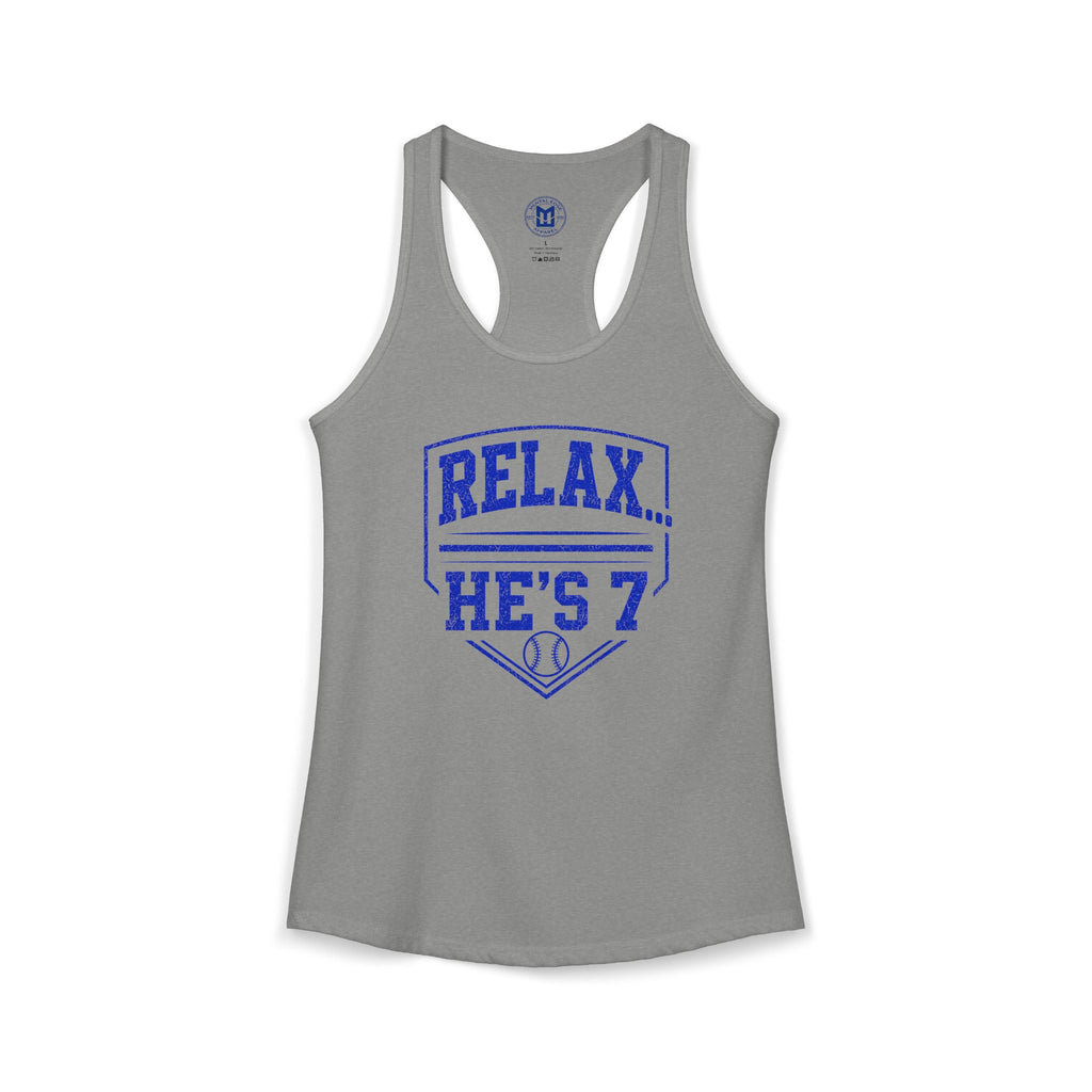 Relax He's 7 Baseball Mom Racerback Tank - Blue