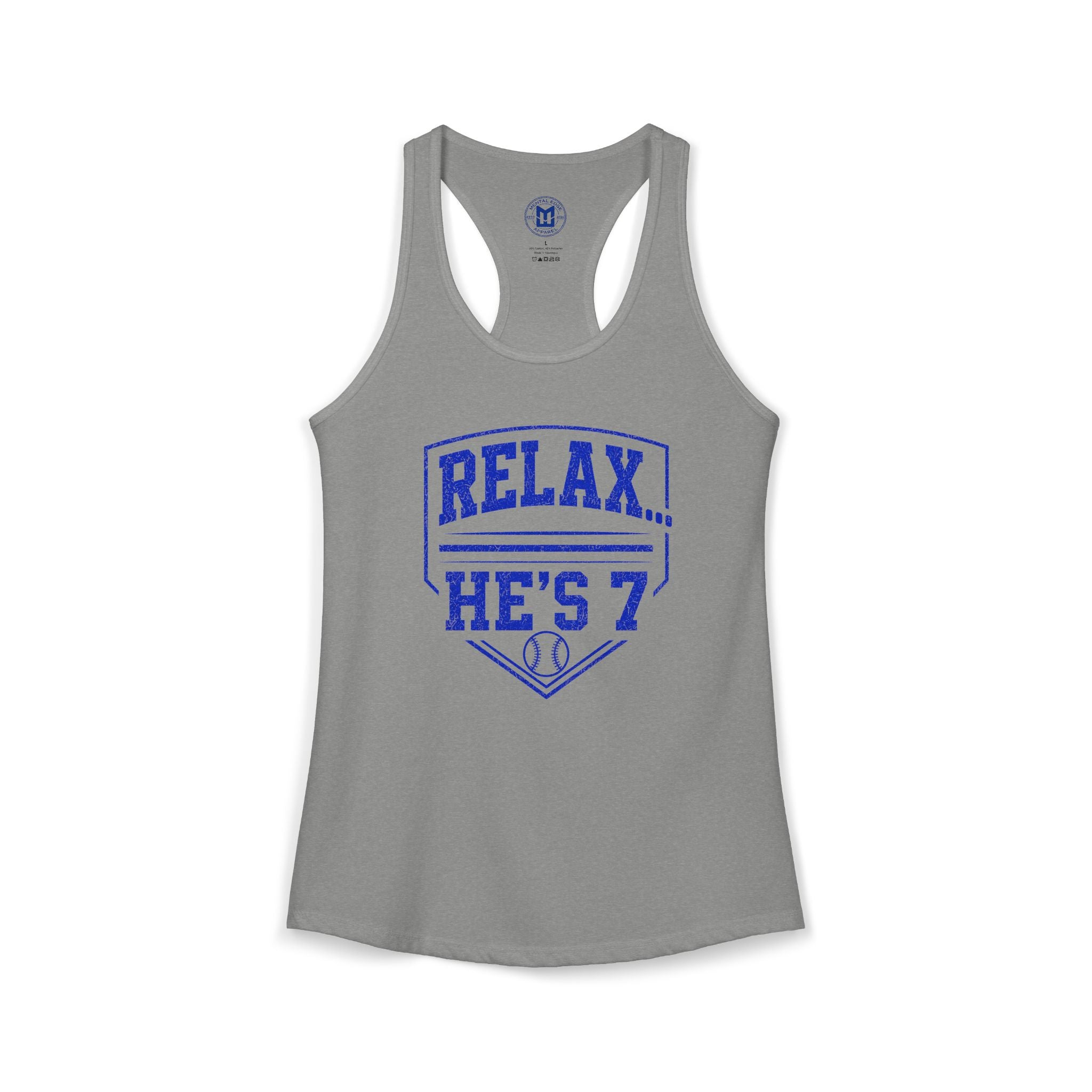 Relax He's 7 Baseball Mom Racerback Tank - Blue